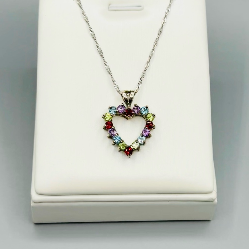925 Sterling Silver Singapore Chain Multi-stone Heart Pendant Necklace - Picture 3 of 15